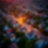 Aerial view of a neighborhood with various properties