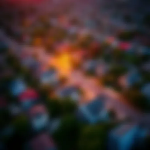 Aerial view of a neighborhood with various properties