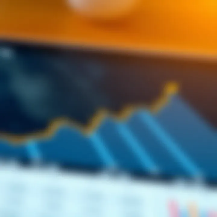 A close-up of a financial chart with growth indicators