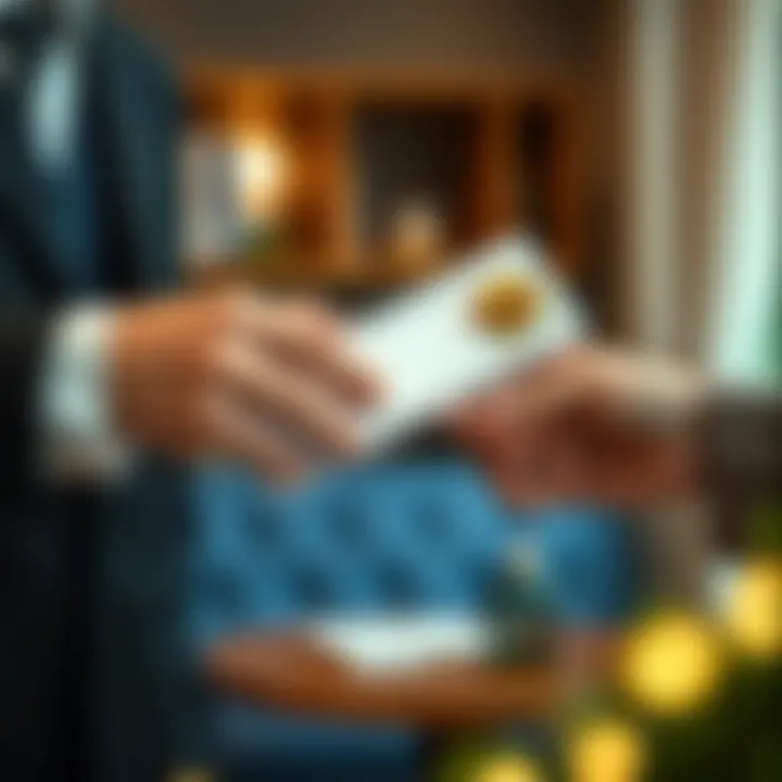 A close-up of hands exchanging share certificates
