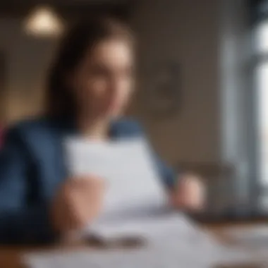 An individual reviewing financial documents with a thoughtful expression