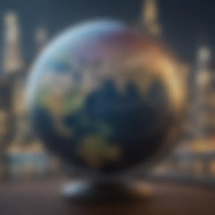 A close-up of a globe highlighting various financial hubs around the world