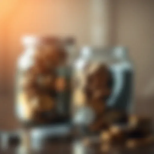 Savings jar overflowing with coins and bills