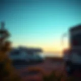 A fully equipped RV parked in a scenic landscape