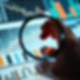 A magnifying glass focused on financial graphs